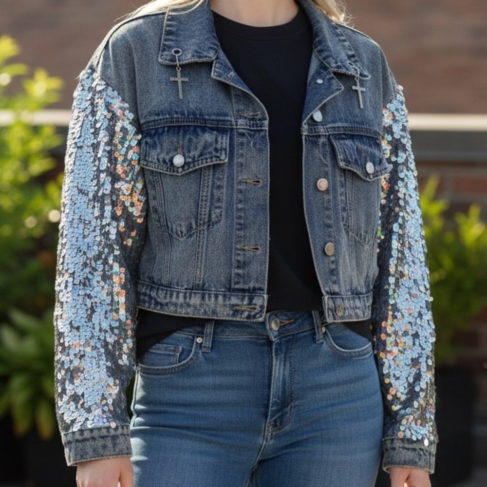 AKIRA Iridescent Sequin Sleeve Cropped Denim Jean Jacket